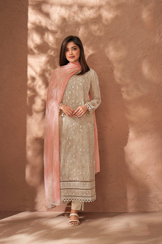 Pure Chiffon Embroidered Suit With Printed Bemberg Chiffon Dupatta Available in Beige