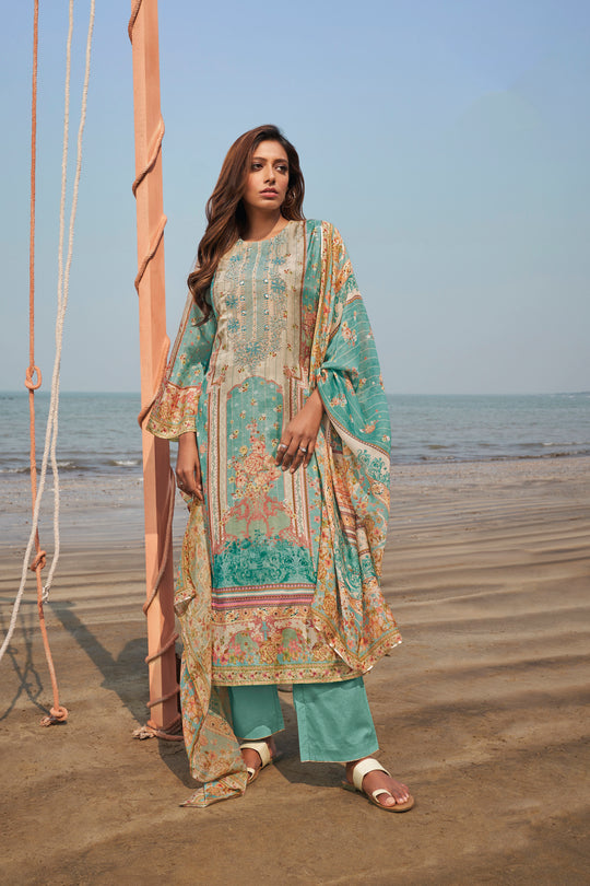 Pure Muslin Embroidered Suit With Printed Muslin Dupatta Available in Teal Blue