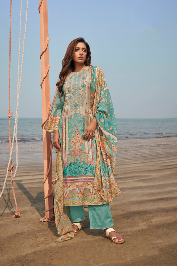 Pure Muslin Embroidered Suit With Printed Muslin Dupatta Available in Teal Blue