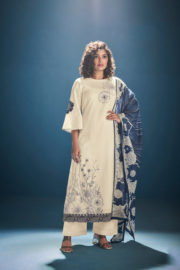 Ruia Linen Embroidered Suit With Printed Ruia Linen Dupatta Available in Cream