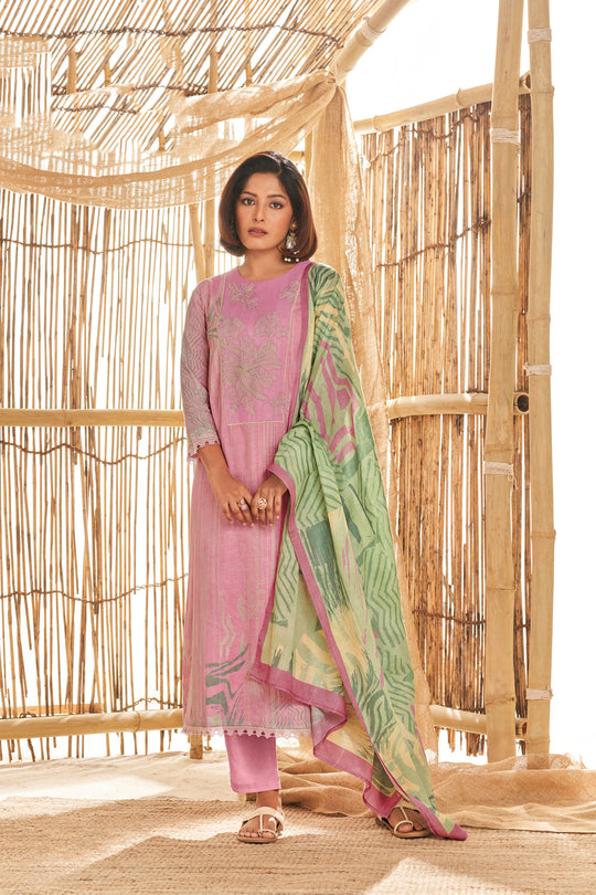 Ruia Linen Embroidered Suit With Printed Ruia Linen Dupatta Available in Pink