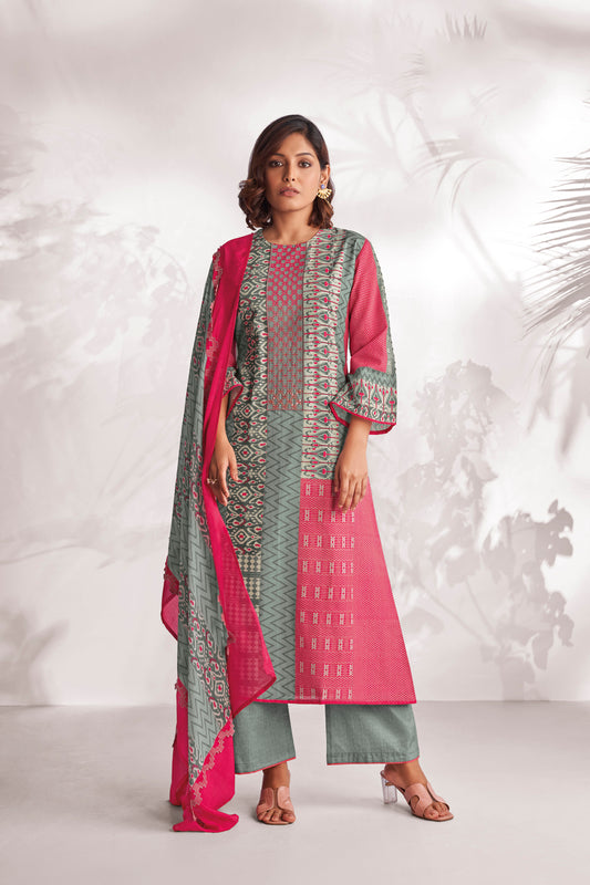 Linen Cotton Embroidered Suit With Printed Muslin Dupatta Available in Pink & Grey