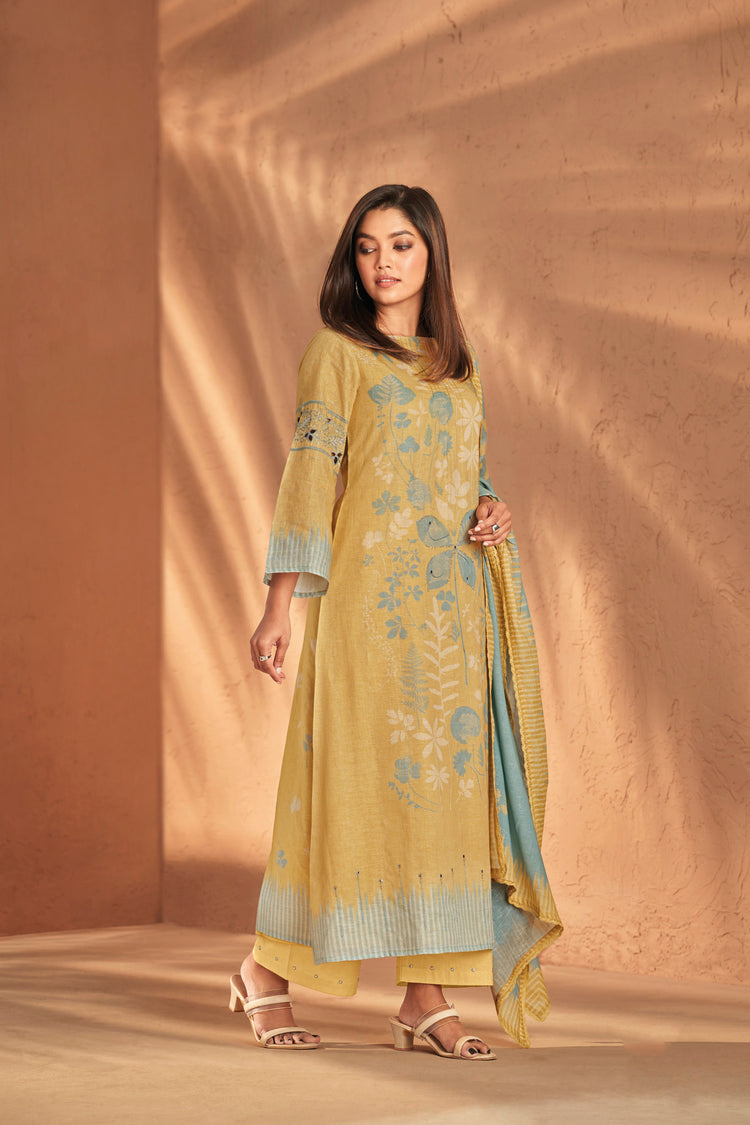 Ruia Linen Embroidered Suit With Printed Ruia Linen Dupatta Available in Daisy Yellow