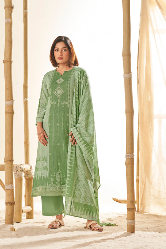 Ruia Linen Embroidered Suit With Printed Ruia Linen Dupatta Available in Crocodile Green