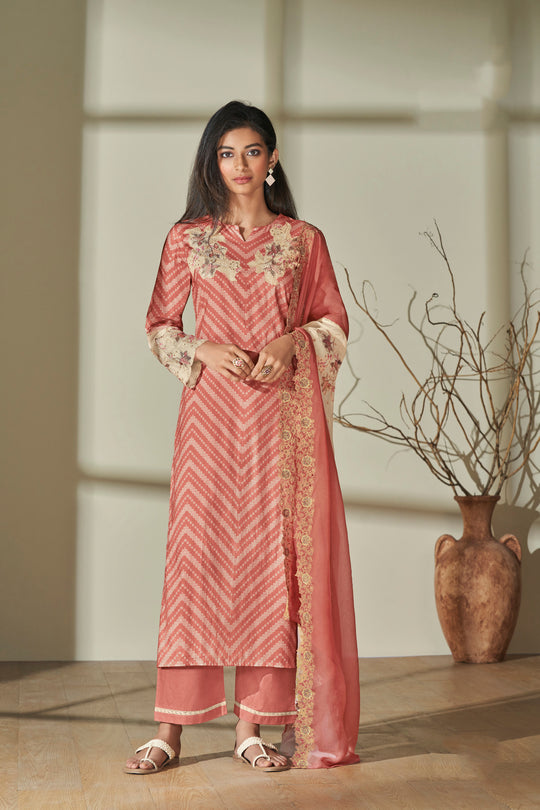 Lawn Cotton Embroidered Suit With Embroidered Organza Dupatta Available in Peach