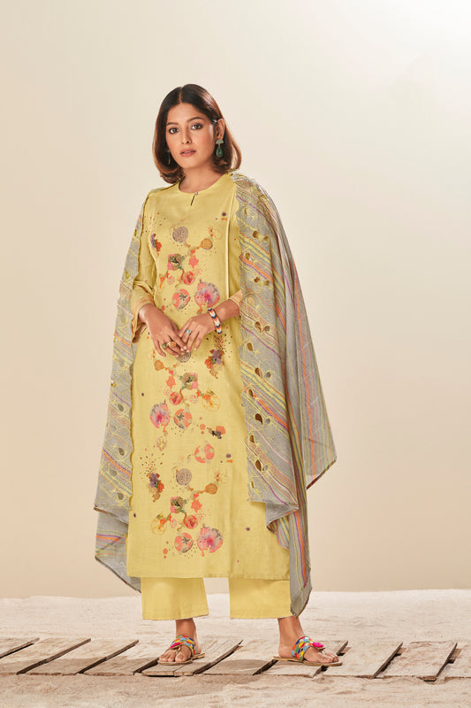 Ruia Linen Print With Handwork Suit With Embroidered Ruia Linen Dupatta Available in Lemon Yellow