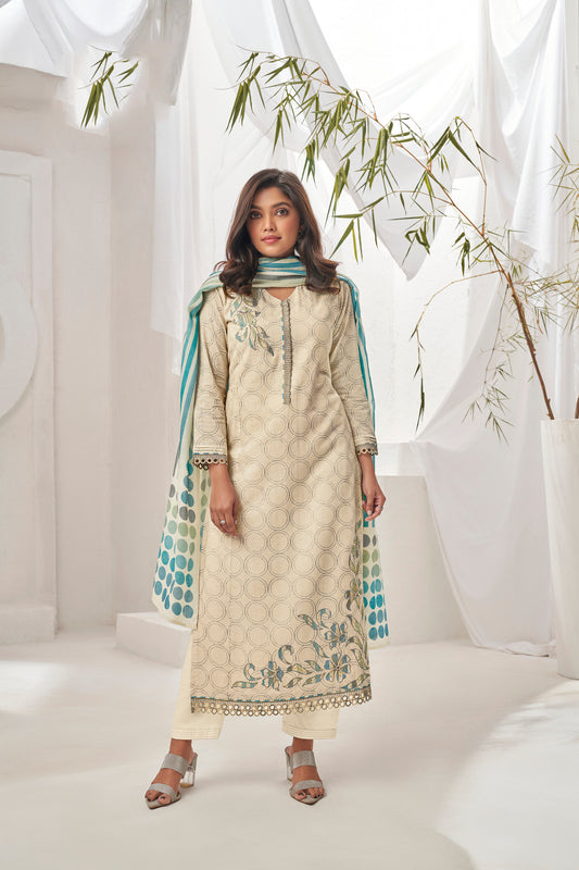 Ruia Linen Embroidered Suit With Printed Ruia Linen Dupatta Available in Cream