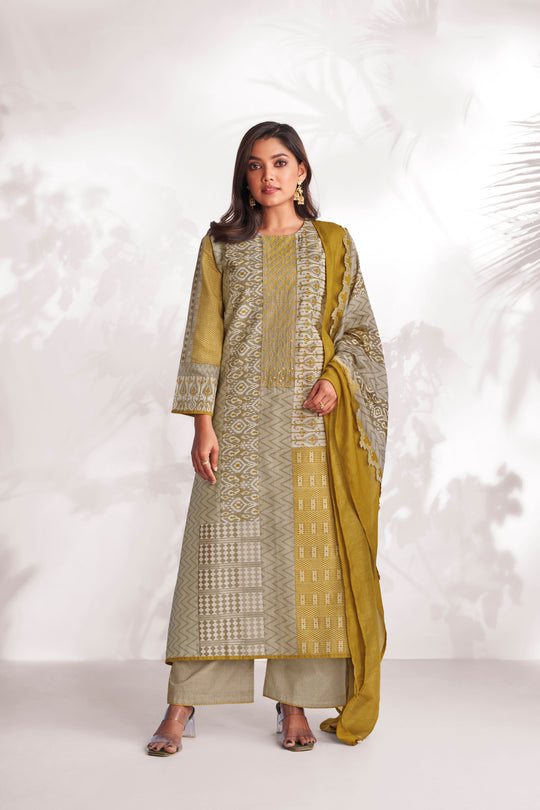 Linen Cotton Embroidered Suit With Printed Muslin Dupatta Available in Beige