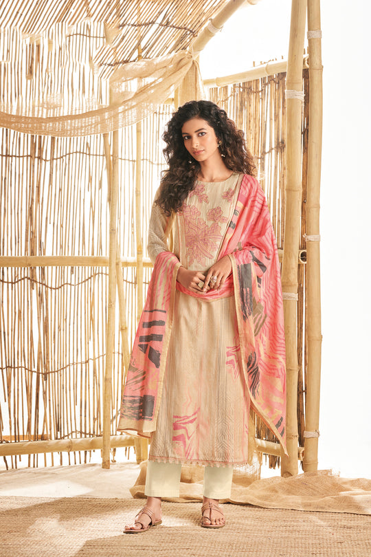 Ruia Linen Embroidered Suit With Printed Ruia Linen Dupatta Available in Cream