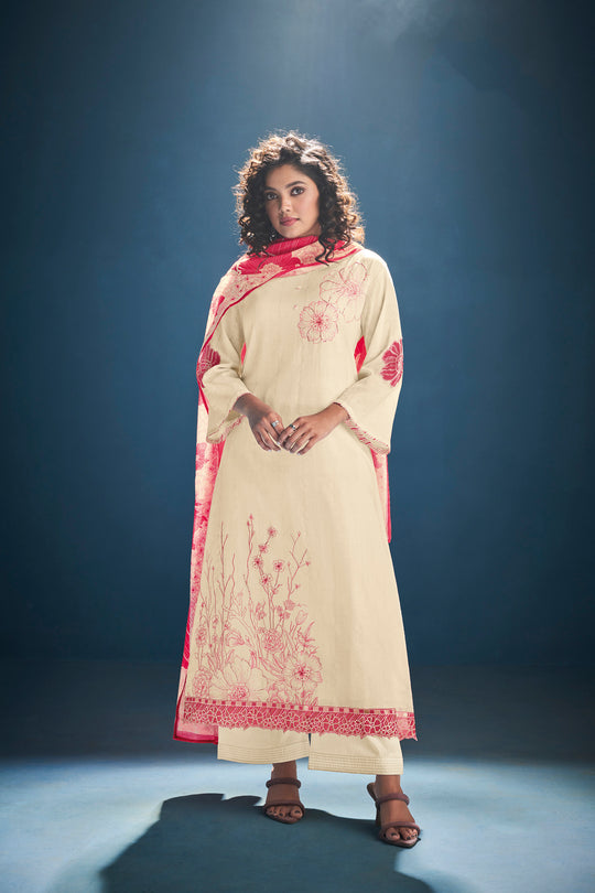 Ruia Linen Embroidered Suit With Printed Ruia Linen Dupatta Available in Cream