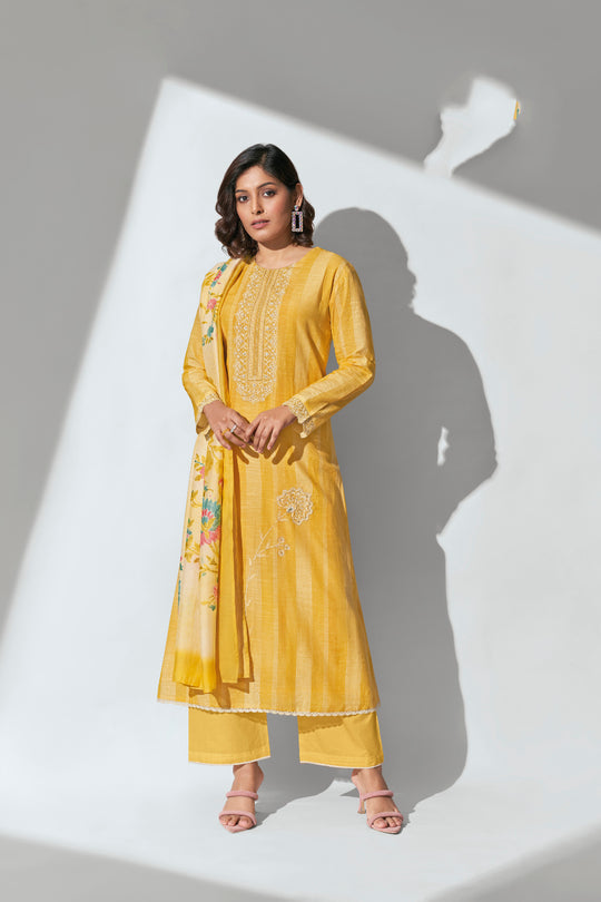 Muslin Linen Embroidered Suit With Printed Bemberg Chiffon Dupatta Available in Cyber Yellow