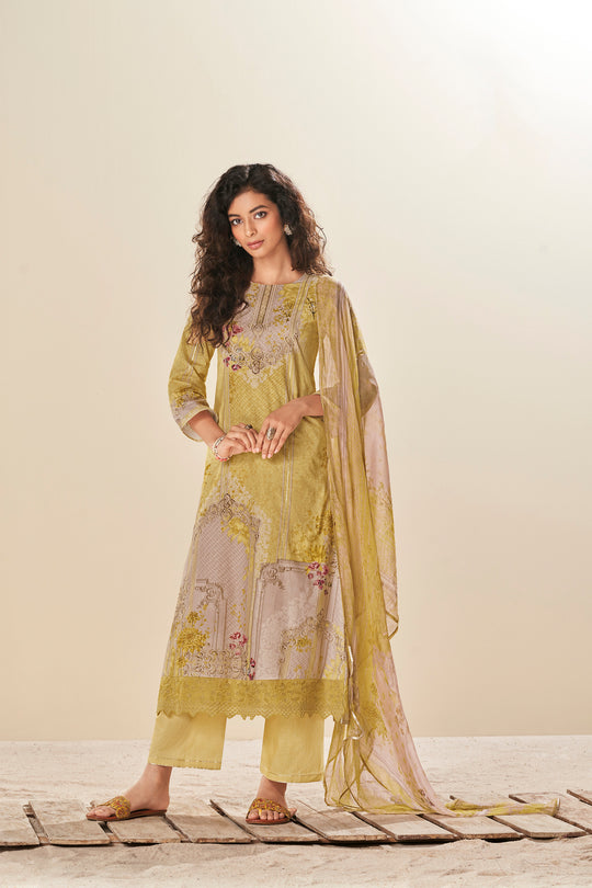 Lawn Cotton Print With Handwork Suit With Printed Bamberg Chiffon Dupatta Available in Munsell Yellow