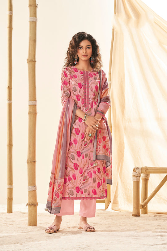 Lawn Cotton Embroidered Suit With Printed Malmal Cotton Dupatta Available in Peach