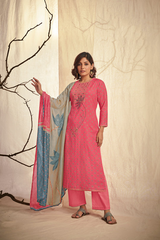 Linen Cotton Embroidered Suit With Printed Muslin Dupatta Available in Watermelon Pink