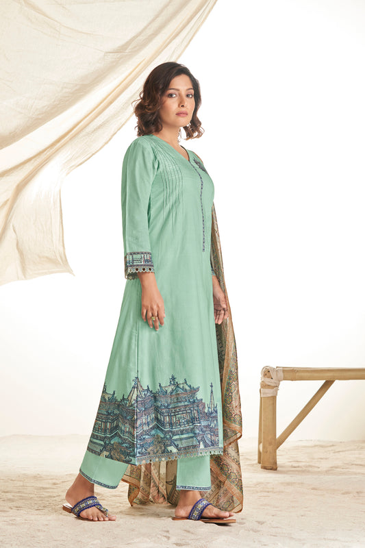 Lawn Cotton Print With Handwork Suit With Printed Muslin Dupatta Available in Tiffany Blue