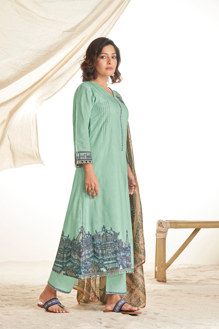 Lawn Cotton Print With Handwork Suit With Printed Muslin Dupatta Available in Tiffany Blue