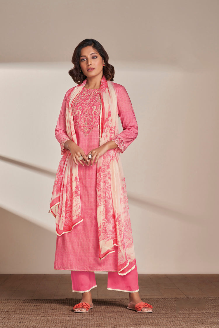 Lawn Cotton Embroidery With Handwork Suit With Printed Bemberg Chiffon Dupatta Available in Watermelon Pink