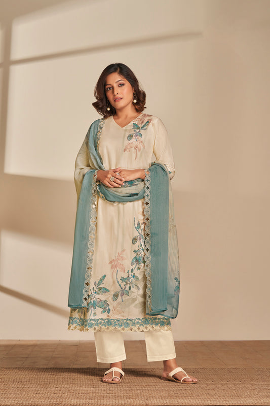 Lawn Cotton Print With Handwork Suit With Embroidered Organza Dupatta Available in Cream