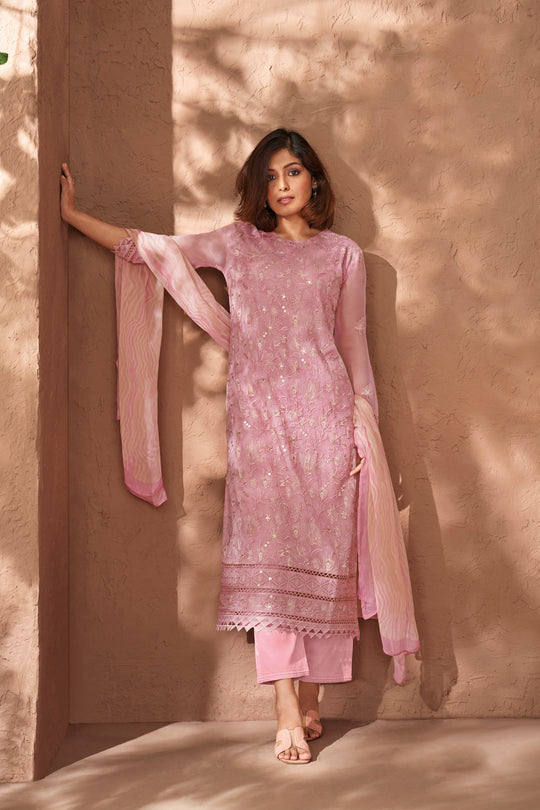 Pure Chiffon Embroidered Suit With Printed Bemberg Chiffon Dupatta Available in Crepe Pink