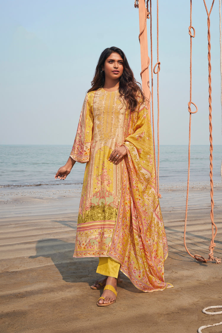 Pure Muslin Embroidered Suit With Printed Muslin Dupatta Available in Gold Yellow