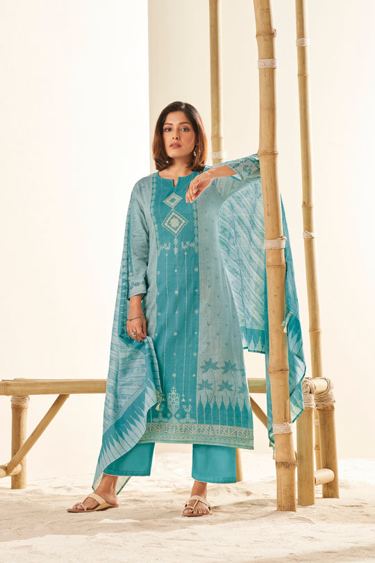 Ruia Linen Embroidered Suit With Printed Ruia Linen Dupatta Available in Sapphire Blue