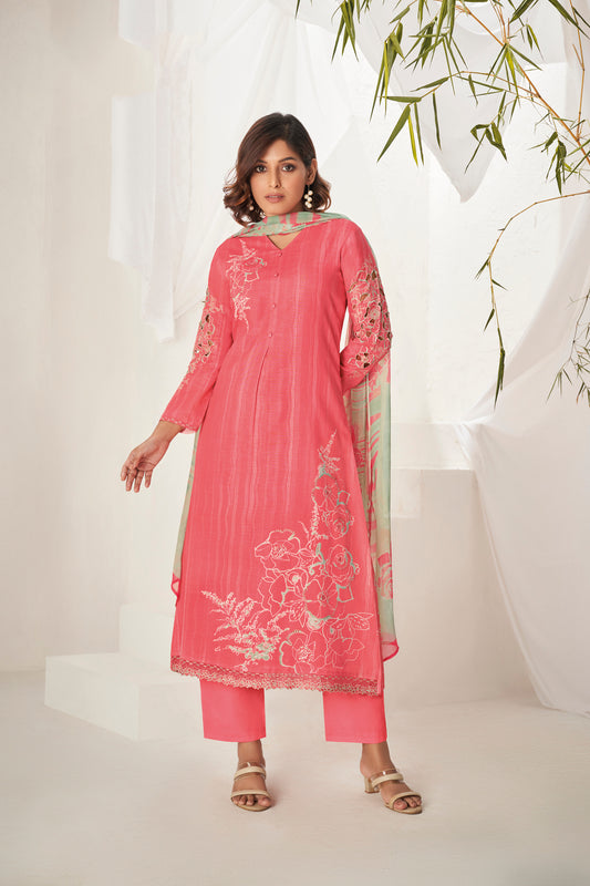 Linen Cotton Embroidered Suit With Printed Bemberg Chiffon Dupatta Available in Ultra Red