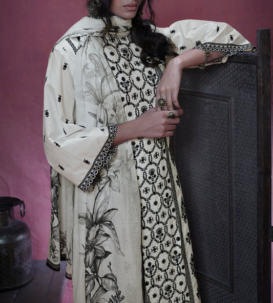 Lawn Cotton Embroidered Suit With Printed Malmal Cotton Dupatta available in Off White