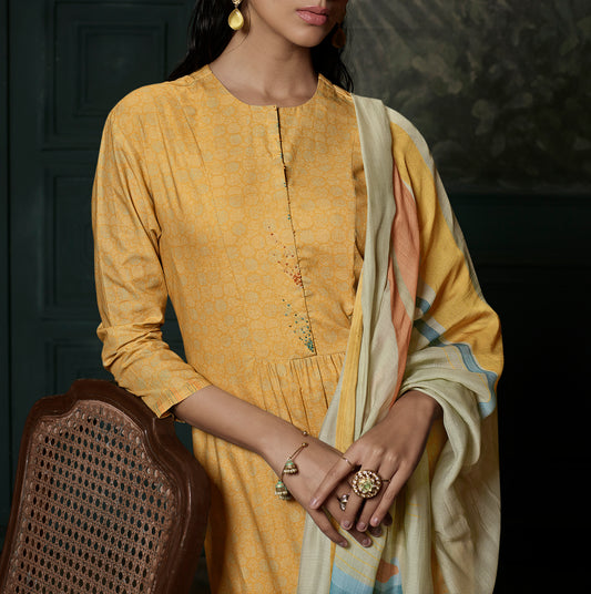 Lawn Cotton Embroidered Suit With Printed Muslin Dupatta Available in Canary Yellow