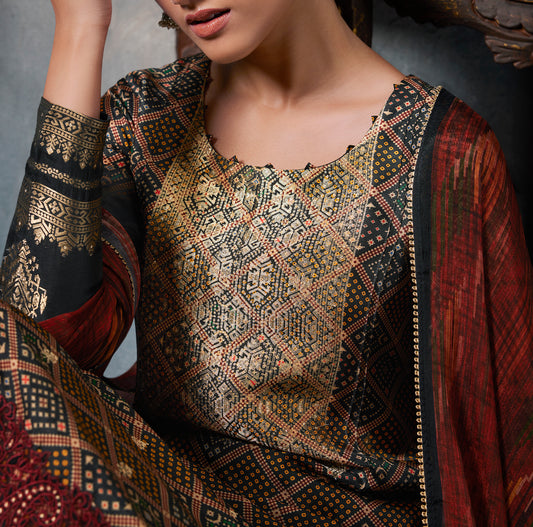 Azza silk jacquard printed Suit With Printed chinnon chiffon Dupatta available in Black (Unstitched Suit)