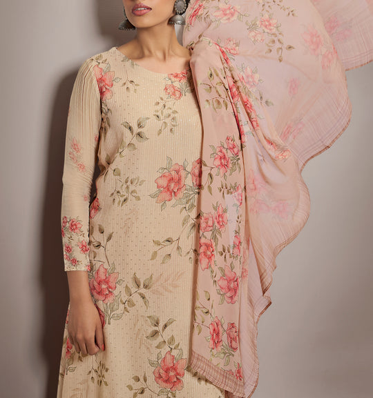 Pure Georgette Self Embroidered Suit With Printed Pure Georgette Dupatta available in Cream(Unstitched Suit)