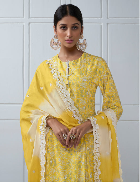 Lawn Cotton Embroidered Suit With Embroidered Organza Dupatta Available in Munsell Yellow