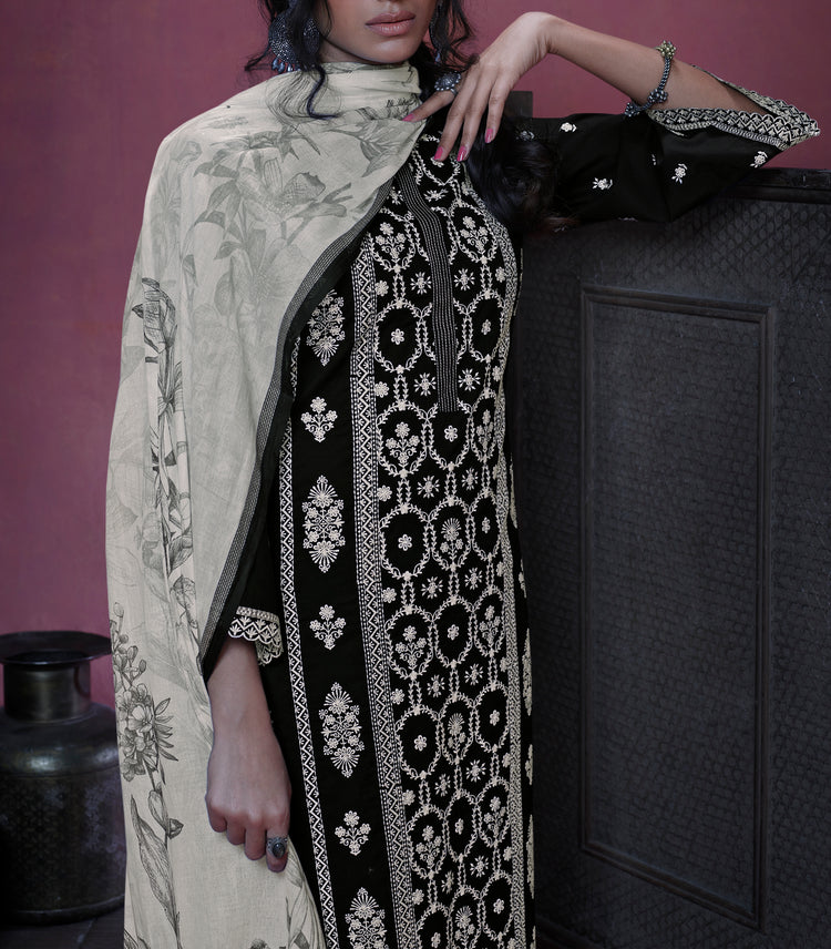 Lawn Cotton Embroidered Suit With Printed Malmal Cotton Dupatta available in Black