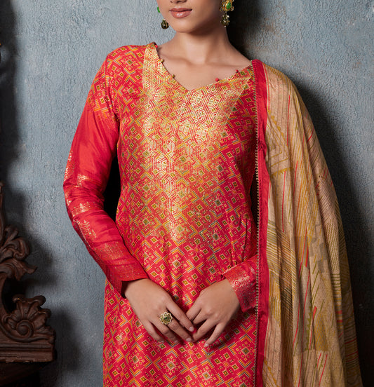 Azza silk jacquard printed Suit With Printed chinnon chiffon Dupatta available in Red(Unstitched Suit)