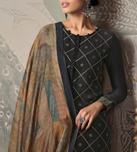 Silk linen jacquard Suit With Printed Silkina Dupatta available in Black(Unstitched Suit)