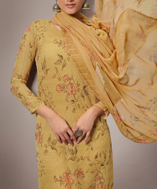 Pure Georgette Self Embroidered Suit With Printed Pure Georgette Dupatta available in Yellow(Unstitched Suit)