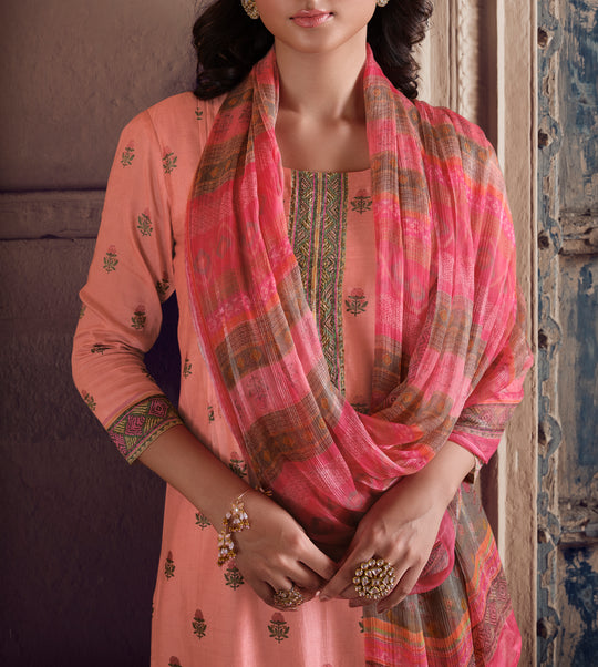 Pure Muslin Printed Suit With Printed Bemberg Chiffon Stripes  Dupatta available in Peach(Unstitched Suit)