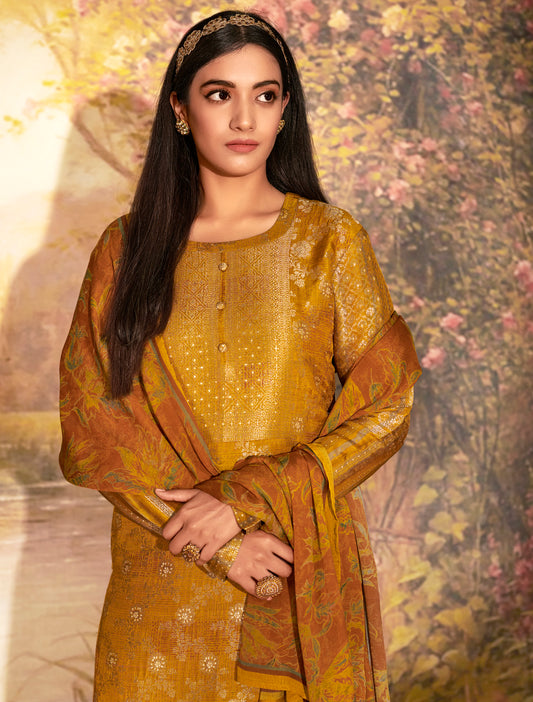 Azza Silk Printed Suit With Printed Chinon Chiffon  Dupatta Available in Chrome Yellow