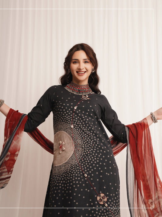 Linen Cotton Print With Handwork Suit With Printed Bemberg Chiffon Dupatta Available in Black