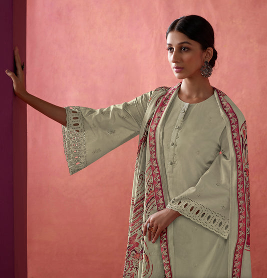 Lawn Cotton Embroidered Suit With Printed Muslin Dupatta available in Tea Green