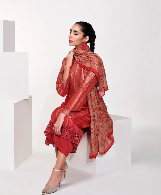 Azza Silk Jacquard Printed Suit With Printed Chinon Chiffon Dupatta available in Red