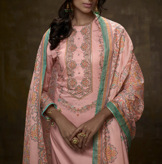 Lawn Cotton Print With Border Embroidered Suit With Printed Malmal Cotton Dupatta Available in Peach