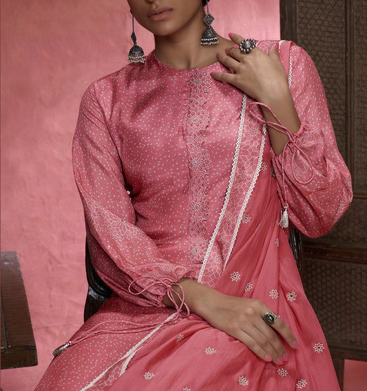 Muslin Silk Embroidered Suit With Embroidered Organza Dupatta Available in Watermelon Pink