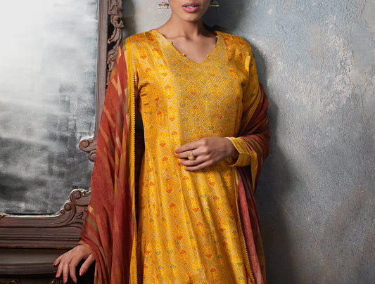 Azza silk jacquard printed Suit With Printed chinnon chiffon Dupatta available in Yellow(Unstitched Suit)