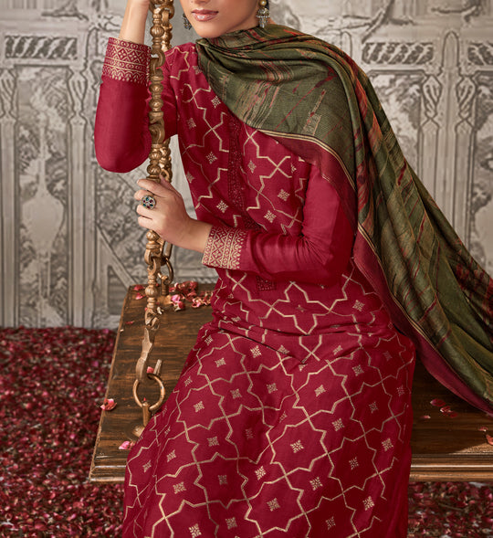 Silk linen jacquard Suit With Printed Silkina Dupatta available in Red(Unstitched Suit)