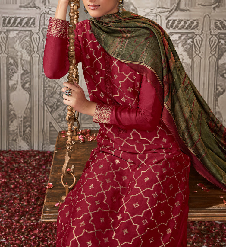 Silk linen jacquard Suit With Printed Silkina Dupatta available in Red(Unstitched Suit)