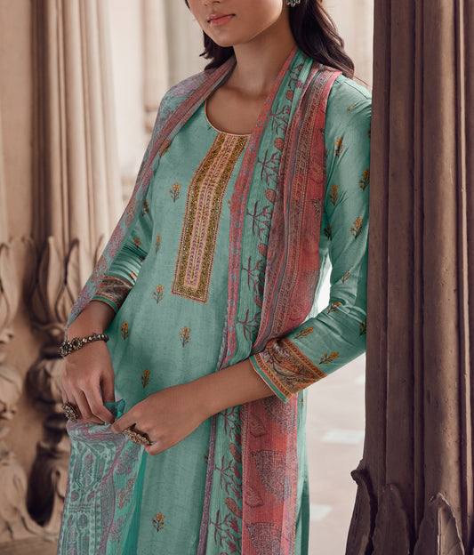 Pure Muslin Printed Suit With Printed Bemberg Chiffon Stripes  Dupatta available in Teal Blue(Unstitched Suit)