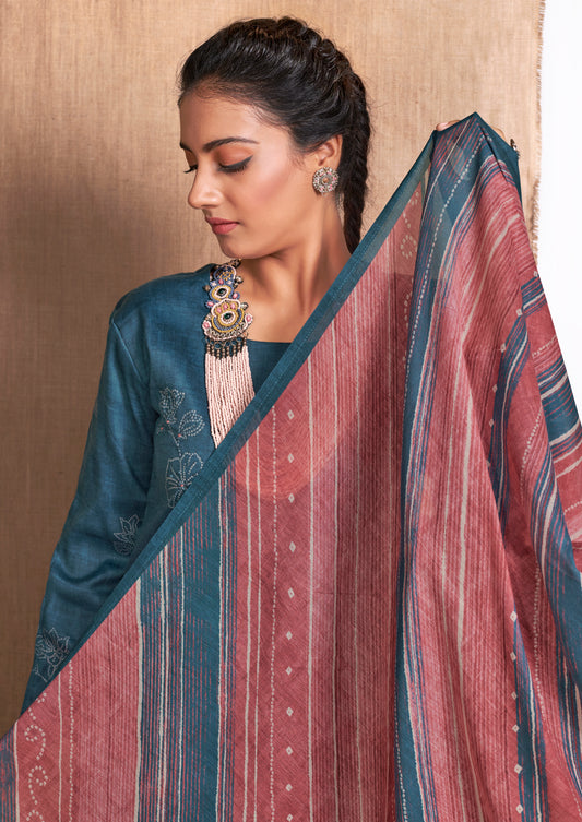 Alfi Satin Print With Handwork Suit With Printed Maya Muslin Dupatta Available in Aegean Blue