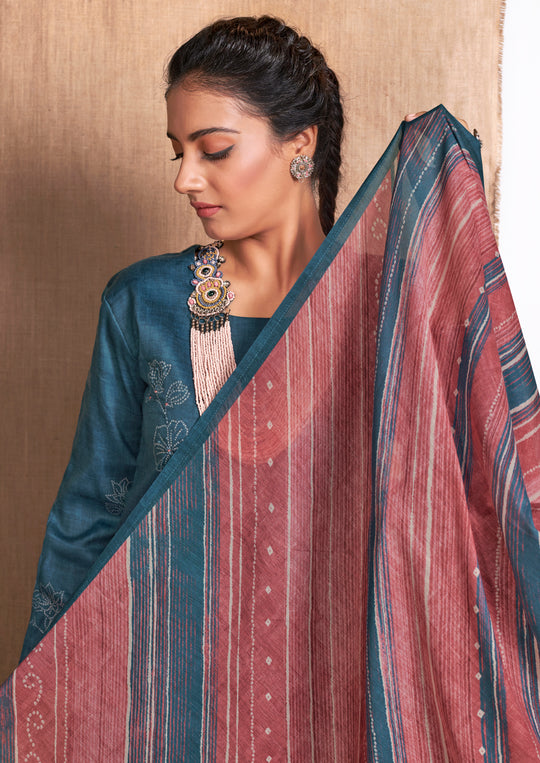 Alfi Satin Print With Handwork Suit With Printed Maya Muslin Dupatta Available in Aegean Blue