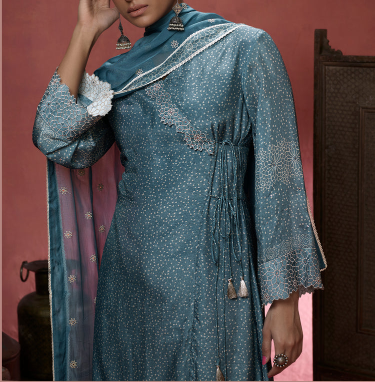 Muslin Silk Embroidered Suit With Embroidered Organza Dupatta Available in Stone Blue