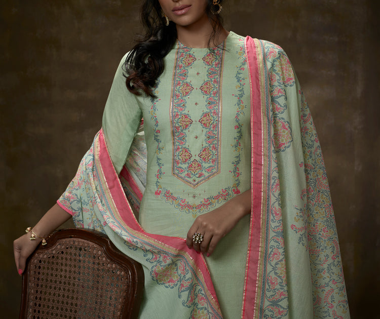 Lawn Cotton Print With Border Embroidered Suit With Printed Malmal Cotton Dupatta Available in Tea Green